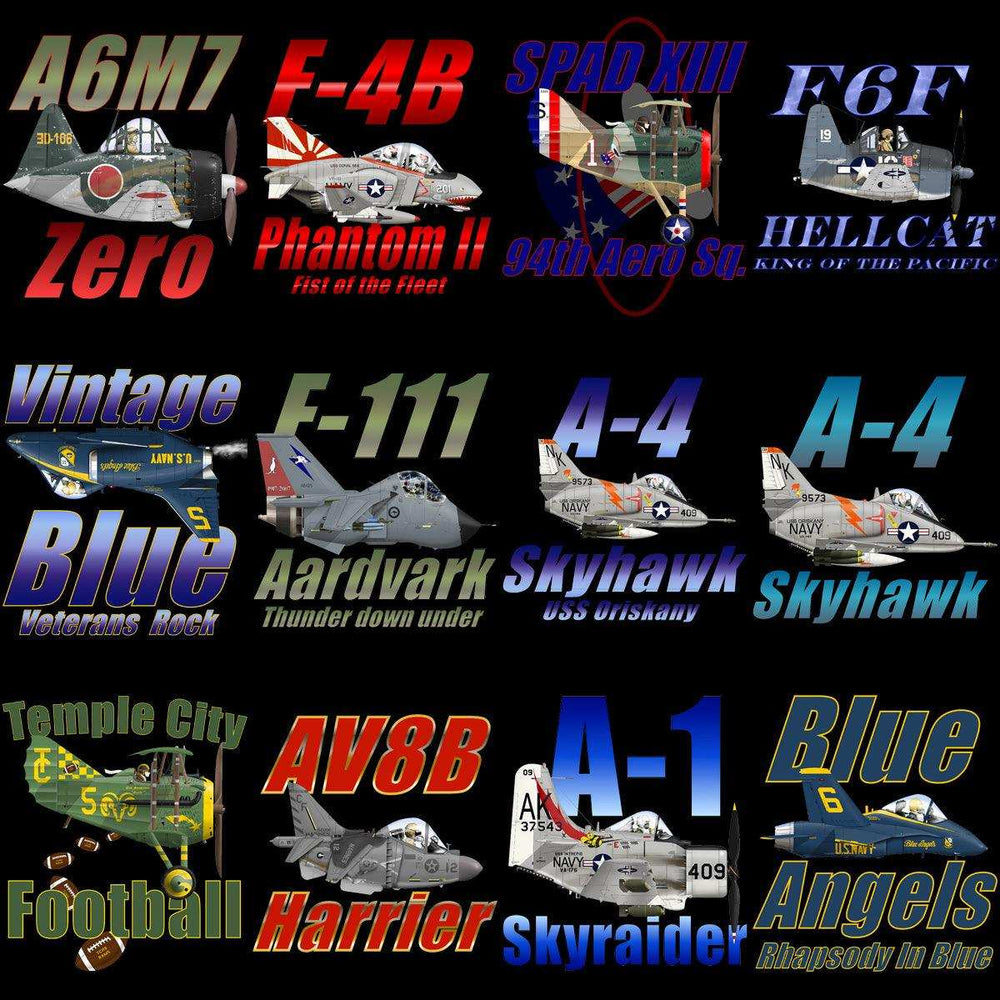 Military aircraft designs including Zero, Phantom II, Skyhawk, Harrier, and Blue Angels for DTF DTG embroidery