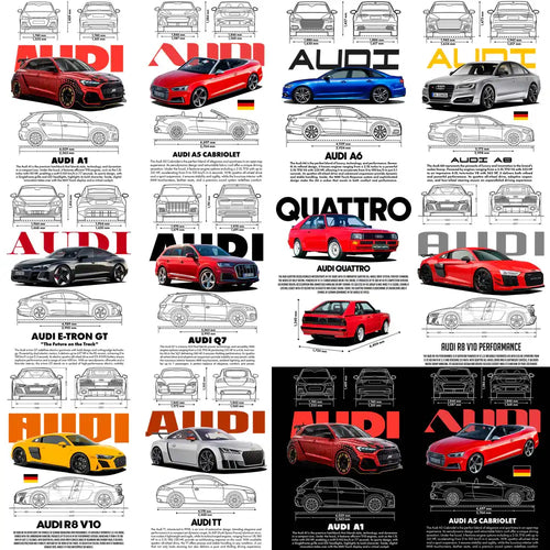 Audi car models including A1, A6, Q7, E-Tron GT, and Quattro with technical blueprints and dimensions for design use.