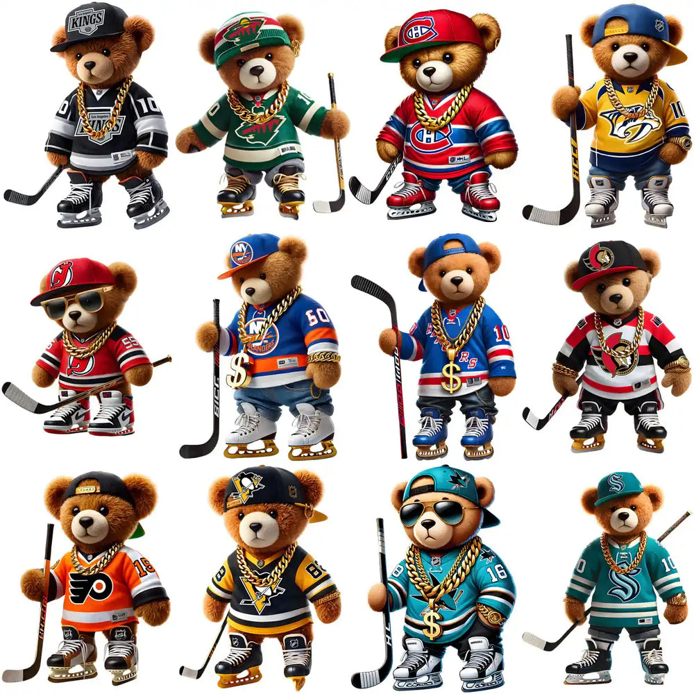 Teddy bears in NHL jerseys with hockey sticks and gold chains, perfect for DTF/DTG designs.