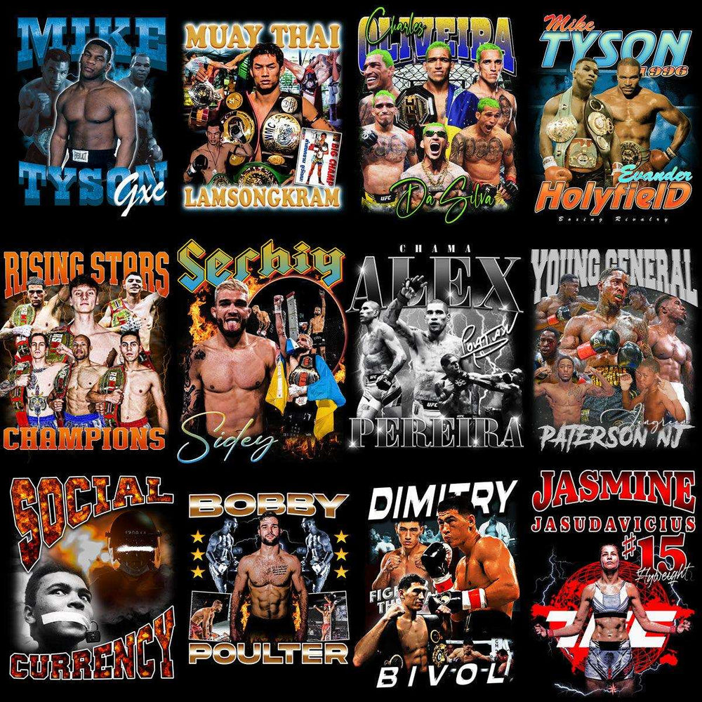 Boxing and MMA fighter designs for t-shirts, featuring champions like Tyson, Holyfield, and Pereira.