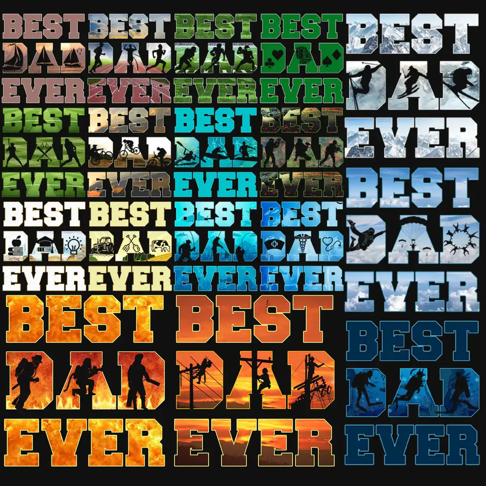Best Dad Ever print designs with sports, outdoor, and profession silhouettes for DTG, DTF, embroidery