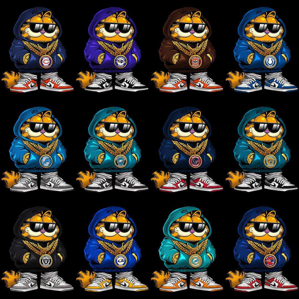 Garfield in hoodies, sunglasses, gold chains & sneakers — NFL team logos, print-ready PNG/SVG designs