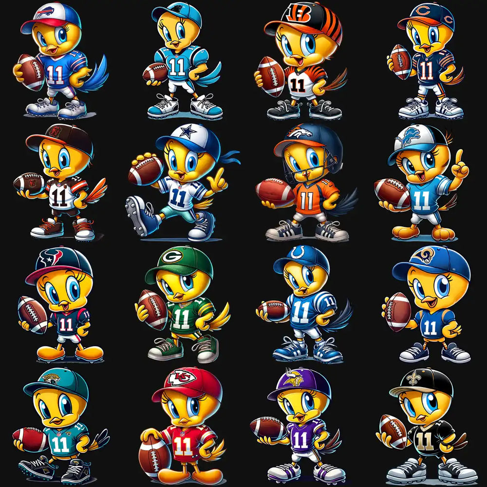 Cute cartoon chicks in NFL team jerseys holding footballs, perfect for DTF/DTG designs