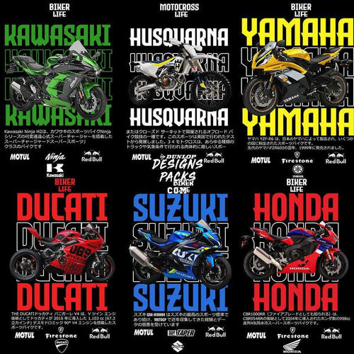 Motorcycle designs for DTF/DTG and embroidery featuring Kawasaki, Yamaha, Ducati, Suzuki, and Honda bikes