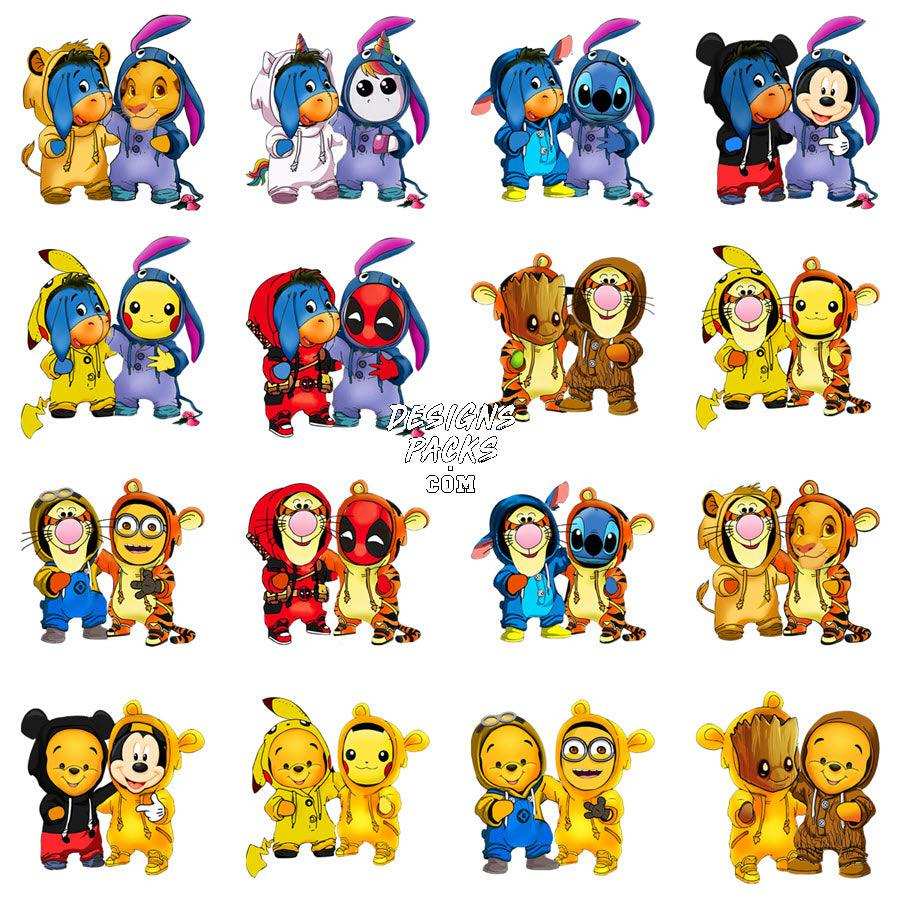 Cute cartoon character pairs in costumes, print-ready for DTF, DTG, embroidery & tumbler wraps