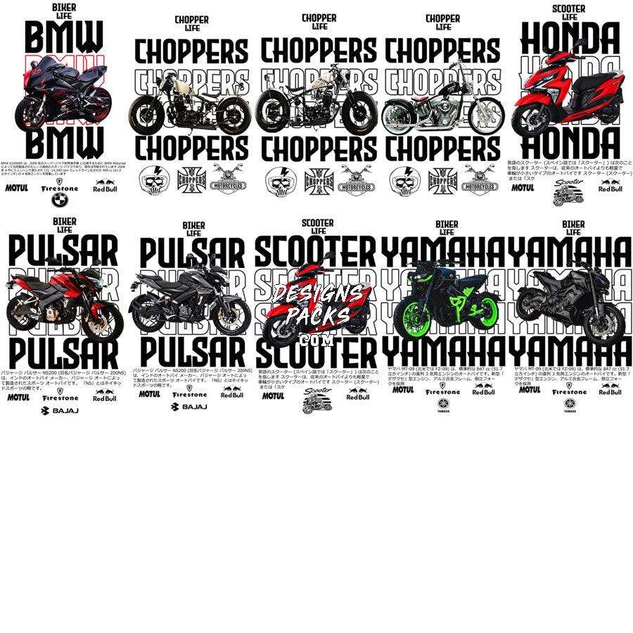 Motorcycle and scooter designs for DTF, DTG, embroidery — BMW, Honda, Yamaha, Pulsar, Bajaj, Chopper Life, Biker Life