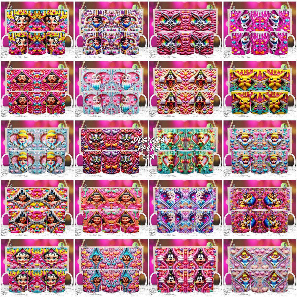 Vibrant DTF/DTG tumbler wrap designs featuring cartoon characters, hearts, and colorful patterns for instant download.