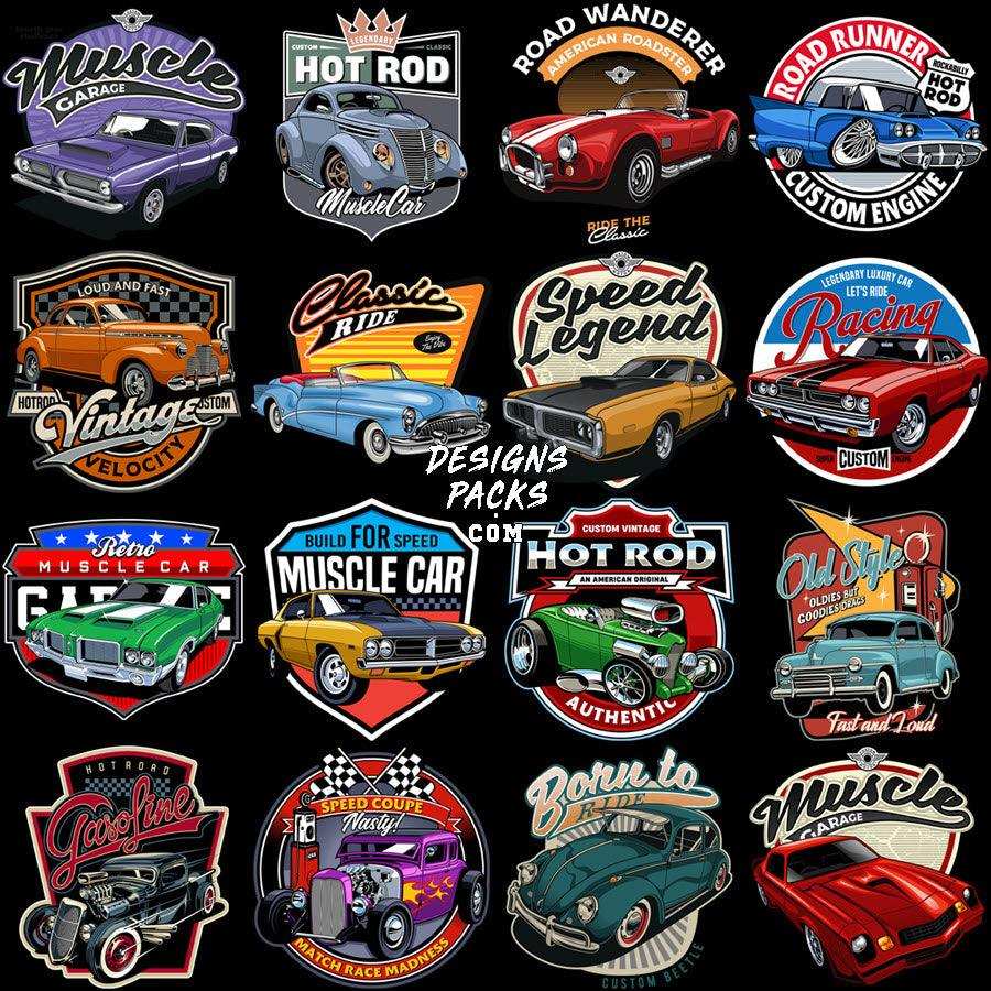 Vintage hot rod & muscle car designs for DTF, DTG, embroidery – print-ready PNG, SVG, PES bundles
