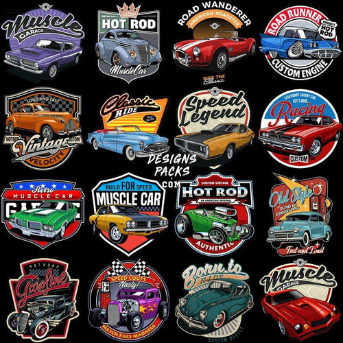 Vintage hot rod & muscle car designs for DTF, DTG, embroidery – print-ready PNG, SVG, PES bundles