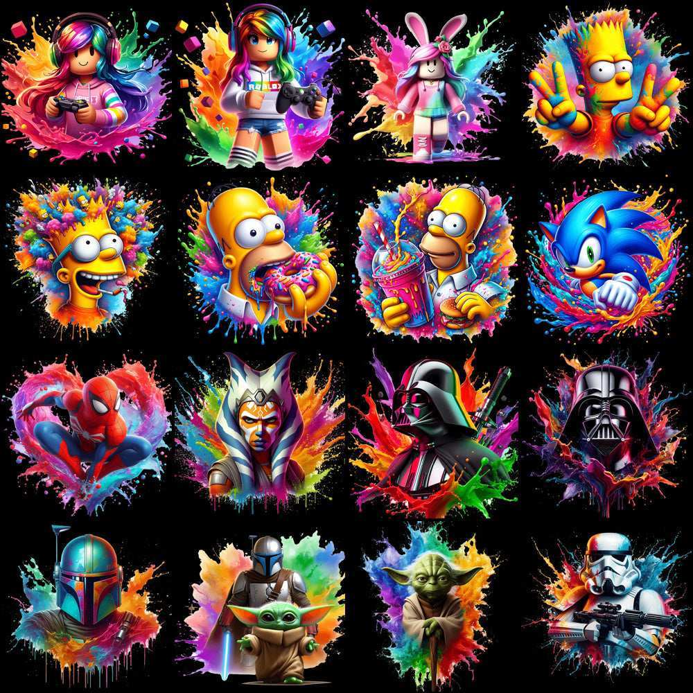 99 Cartoon Popculture Color Drip Designs Bundle PNG