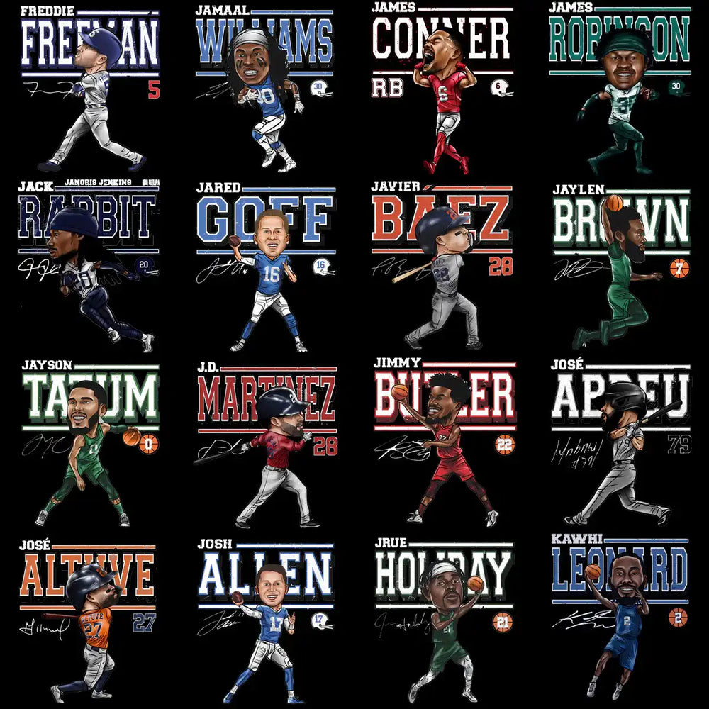 Cartoon athlete designs for DTF/DTG, embroidery, and tumbler wraps with player names and numbers