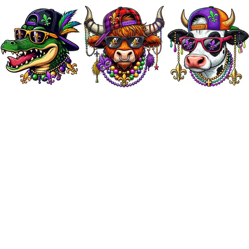 Mardi Gras-themed animal designs with beads, hats, and sunglasses for DTF/DTG printing
