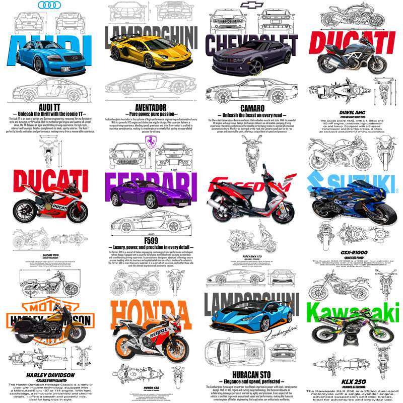 40 Bike & Cars Blueprint Designs Bundle PNG