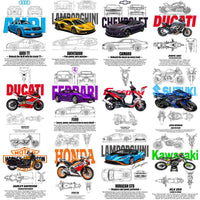Load image into Gallery viewer, 40 Bike &amp; Cars Blueprint Designs Bundle PNG
