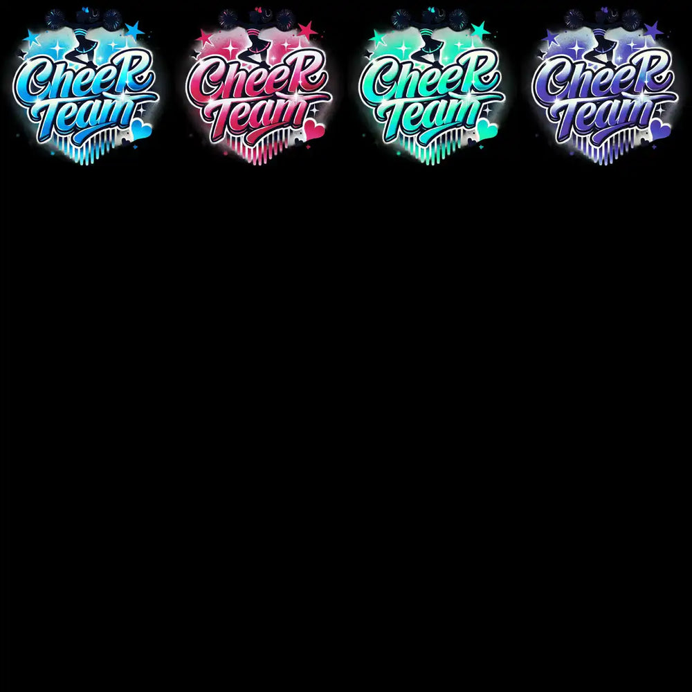 Cheer Team designs in blue, pink, teal, and purple with sparkles and hearts for DTF/DTG printing