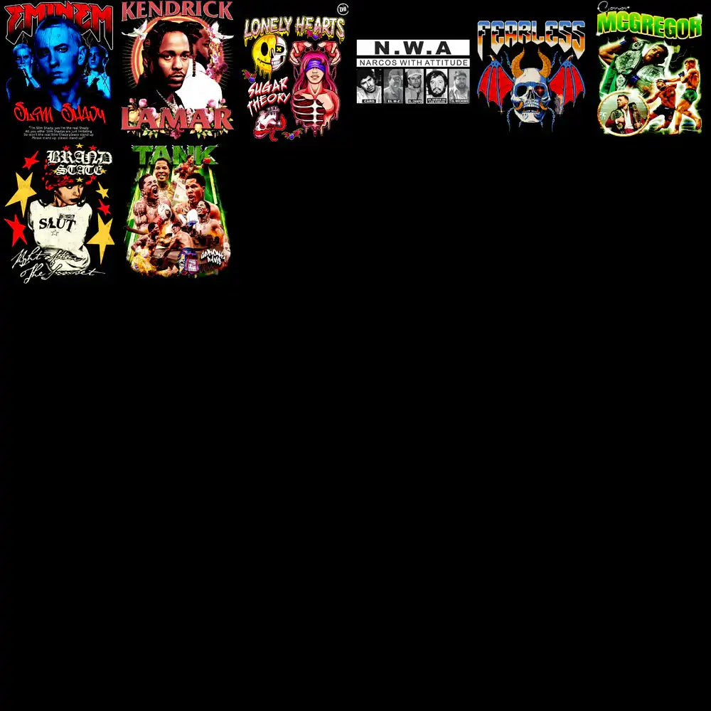Print-ready celebrity and music artist designs for DTG, DTF, embroidery, featuring Eminem, Kendrick Lamar, N.W.A, McGregor
