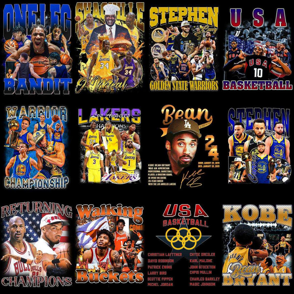 Basketball designs featuring NBA stars, teams, and themes for DTF, DTG, and embroidery.