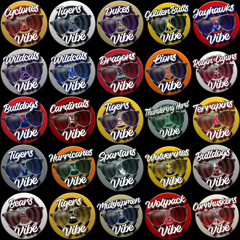 College team-themed sunglasses designs with 'Vibe' text for DTF/DTG and embroidery projects.