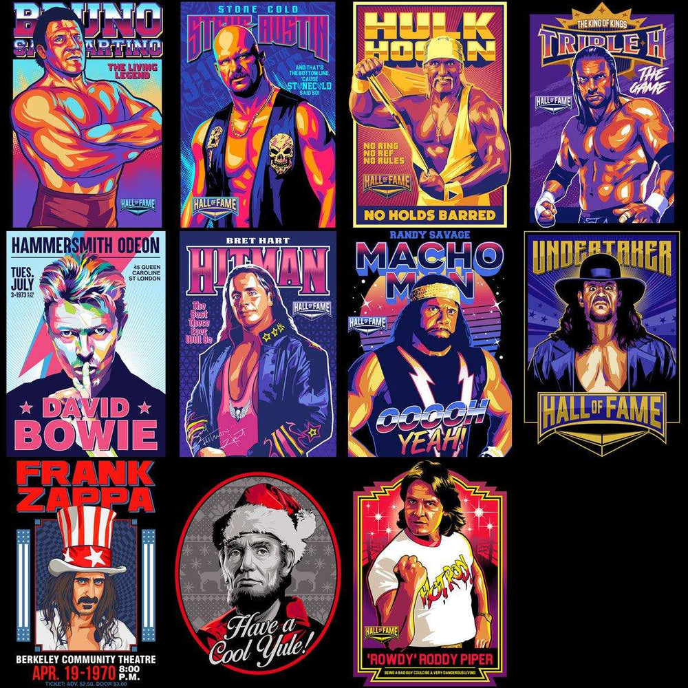 Vibrant retro-style wrestling & music posters featuring Hall of Fame icons, print-ready for DTG/DTF, SVG, PNG.
