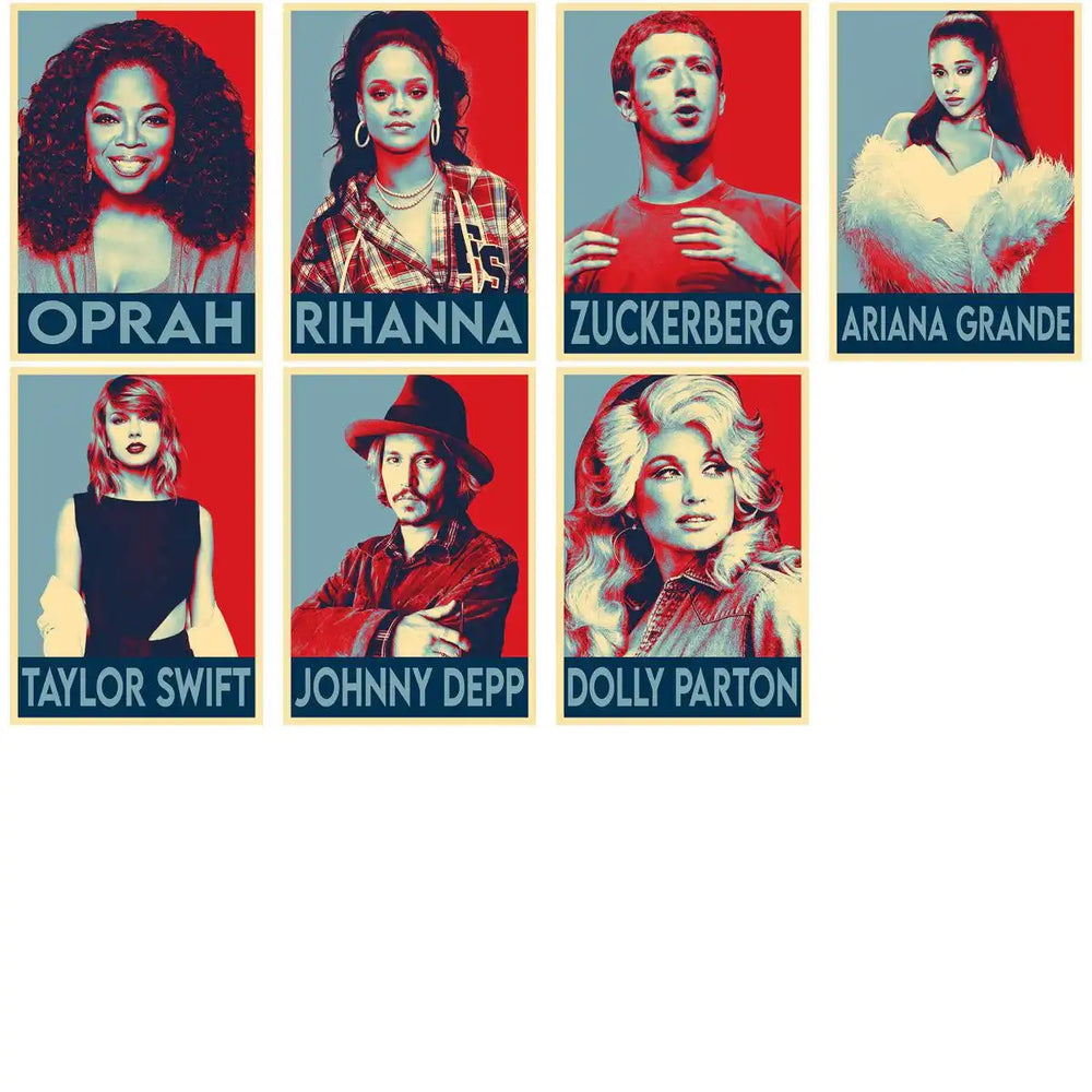 Celebrity portraits in bold red and blue pop art style, featuring Oprah, Rihanna, Zuckerberg, Ariana Grande, Taylor Swift, Johnny Depp, Dolly Parton