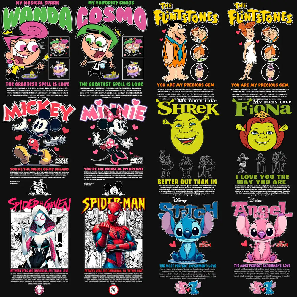 Print-ready cartoon character designs for t-shirts, including Wanda, Cosmo, Flintstones, Mickey, Minnie, Shrek, Fiona, Spider-Man, Stitch, and Angel.