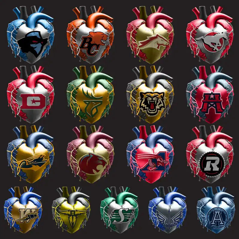 Vibrant anatomical heart designs with sports team logos, perfect for DTF/DTG and embroidery projects.