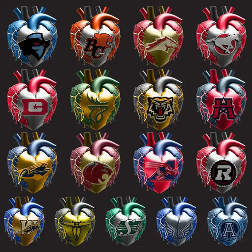 Vibrant anatomical heart designs with sports team logos, perfect for DTF/DTG and embroidery projects.