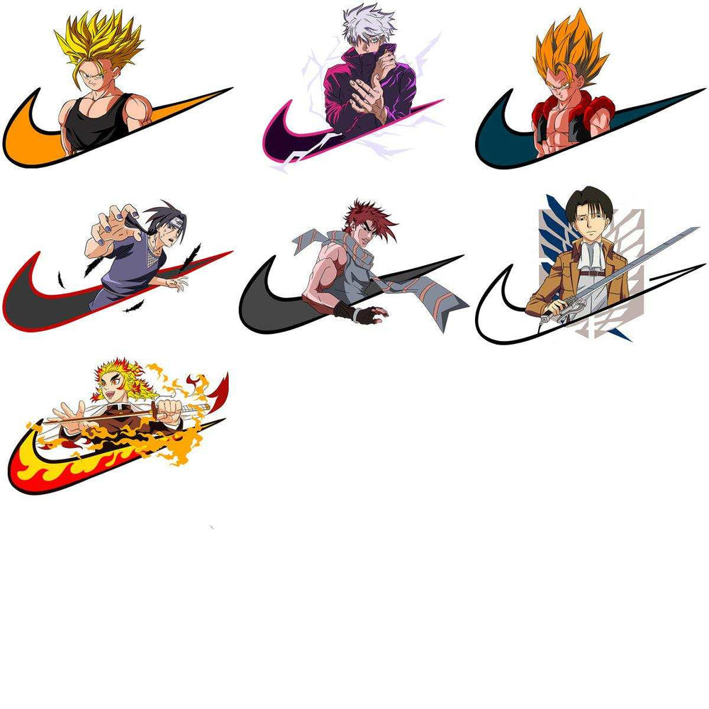 Anime characters in dynamic poses with Nike swoosh designs, ideal for DTF/DTG printing and embroidery projects.