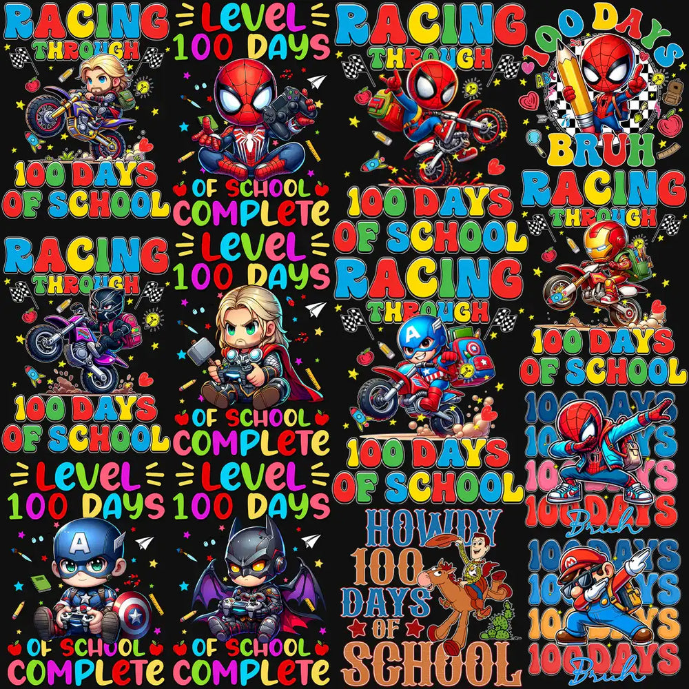 100 Days of School designs with Spider-Man, Captain America, Batman, and Mario on motorcycles