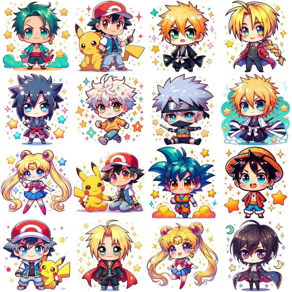 Chibi anime characters bundle for DTF, DTG, embroidery – print-ready PNG, SVG, PES designs with stars & sparkles