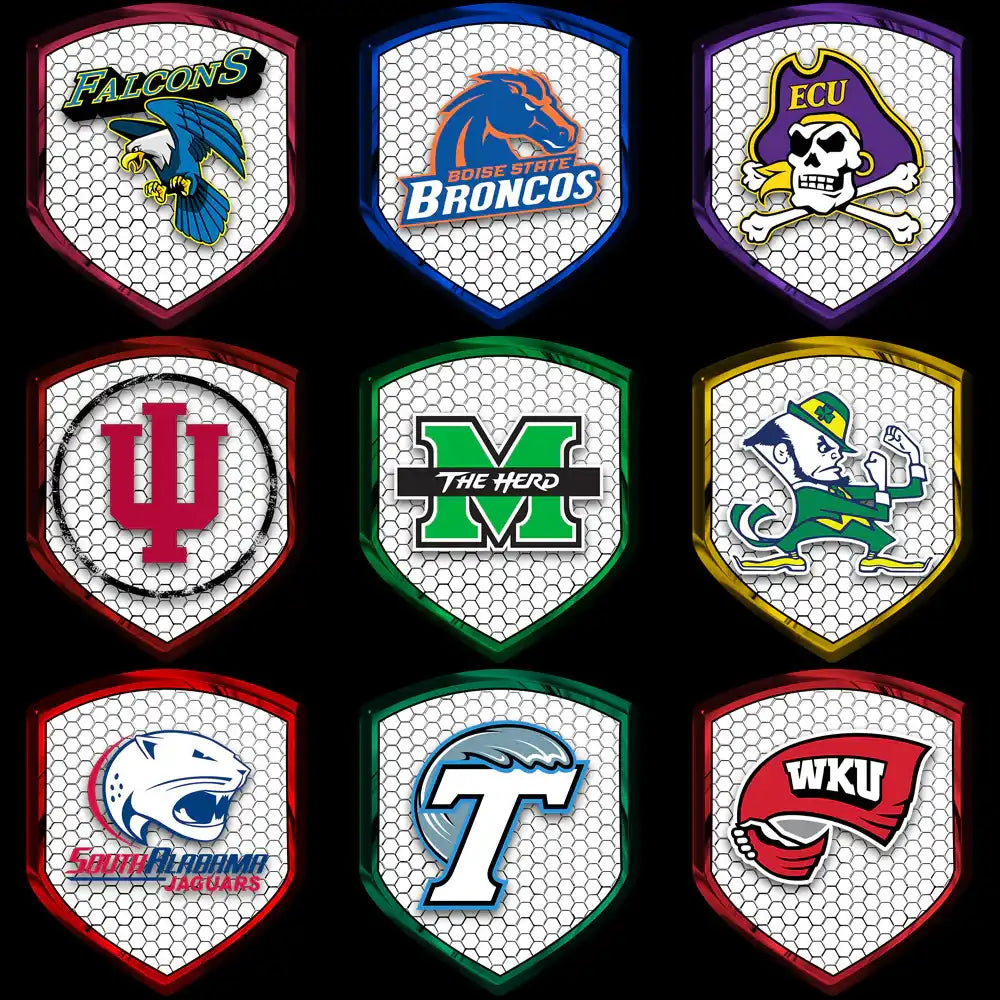 College sports team logos in shield designs for DTF/DTG and embroidery use