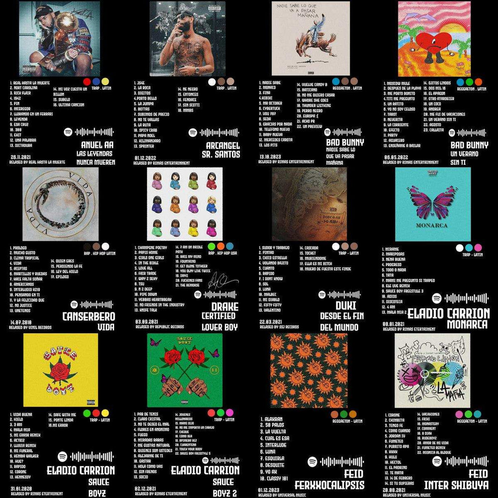 Album covers and tracklists for Latin trap, reggaeton, and hip hop artists like Bad Bunny and Eladio Carrion
