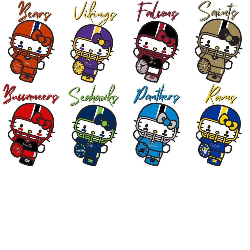 Hello Kitty in NFL team uniforms: Bears, Vikings, Falcons, Saints, Buccaneers, Seahawks, Panthers, Rams