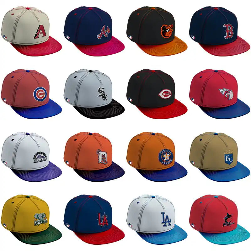 Collection of MLB team caps with vibrant colors and logos for sports fans