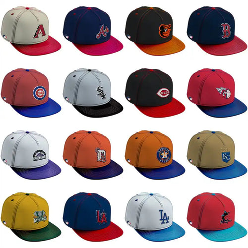 Collection of MLB team caps with vibrant colors and logos for sports fans