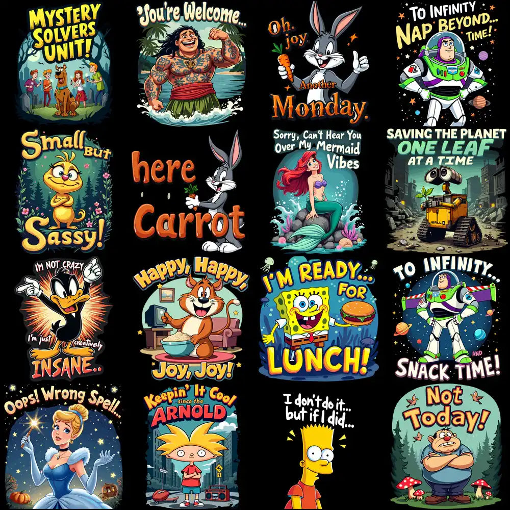Cartoon character t-shirt designs featuring Disney, Looney Tunes, SpongeBob, and Pixar themes for DTF/DTG printing