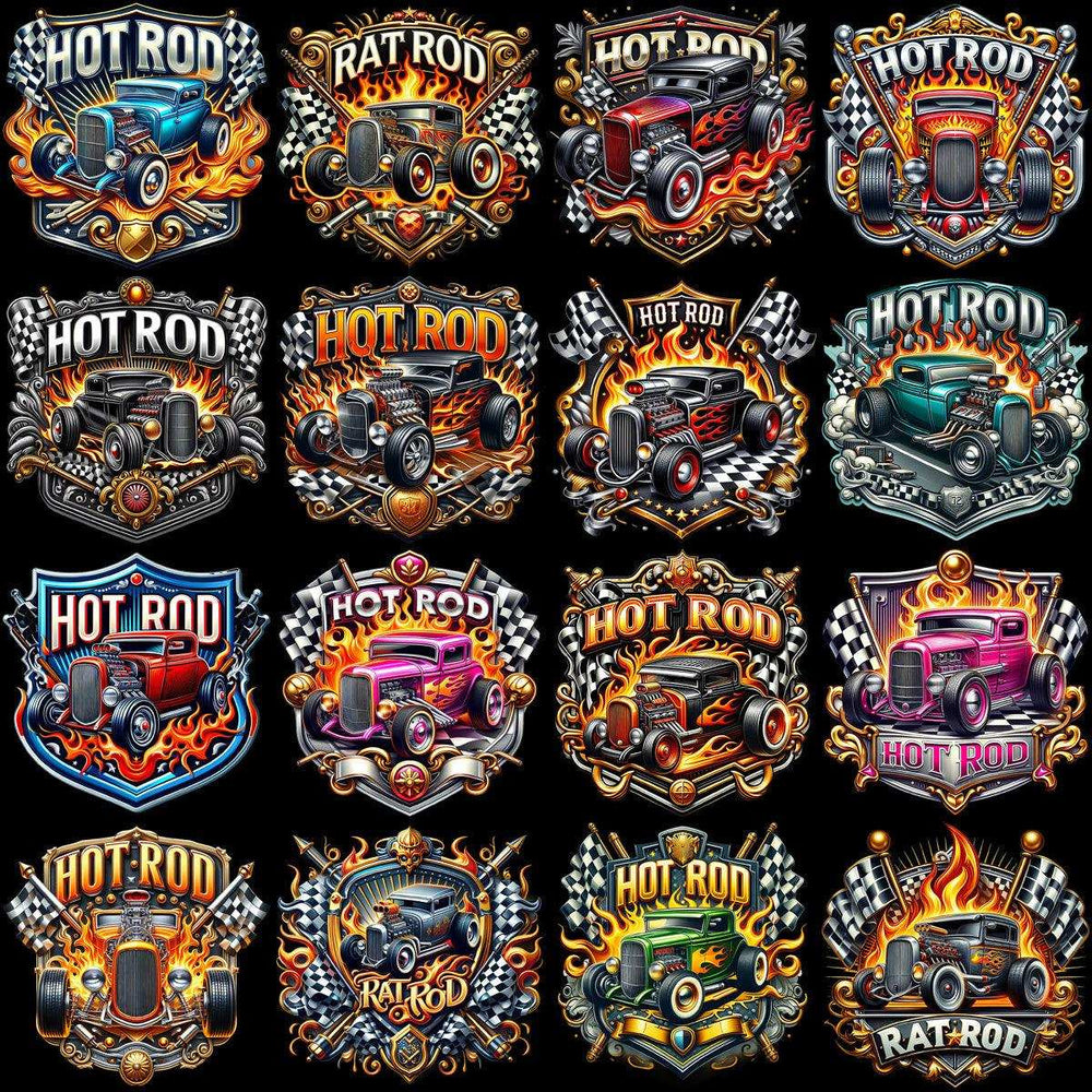 Hot Rod and Rat Rod designs with flames, checkered flags, and vintage cars for DTF/DTG and embroidery