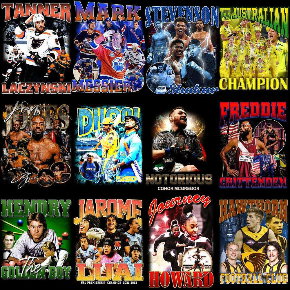 Sports athlete collages featuring hockey, boxing, cricket, MMA, and football designs for DTF/DTG printing
