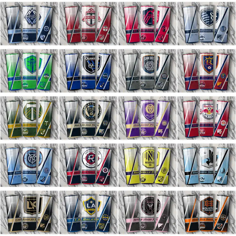 Soccer team logo tumbler wraps for DTF/DTG printing, featuring vibrant designs and team emblems.