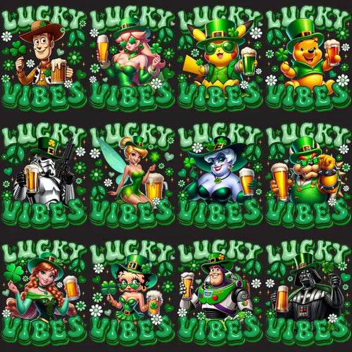St. Patrick’s Day themed designs with cartoon characters in green, holding beer, clovers, and 'Lucky Vibes' text for DTF/DTG printing