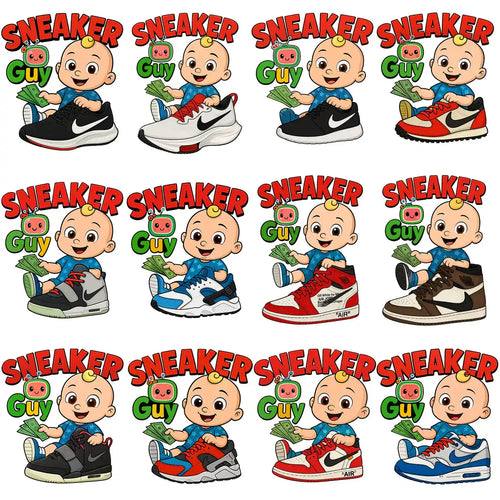 Sneaker Guy cartoon baby with money, sitting on various Nike sneakers, print-ready design bundle