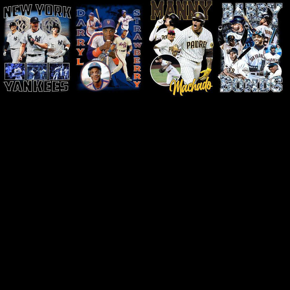 Baseball player designs for DTF/DTG, featuring Yankees, Strawberry, Machado, and Bonds in vibrant team graphics.
