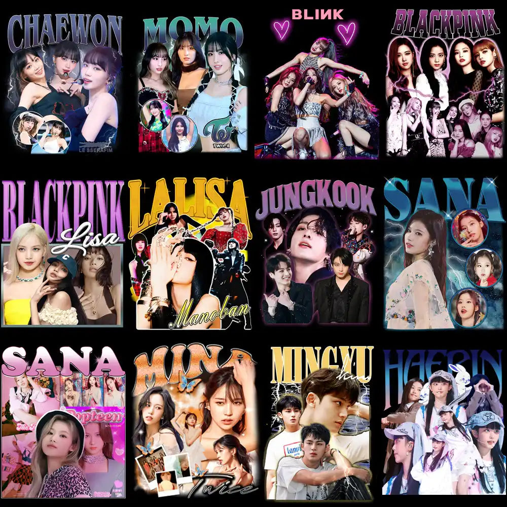 K-pop idol collage featuring BLACKPINK, TWICE, and BTS members with vibrant designs for DTF/DTG printing