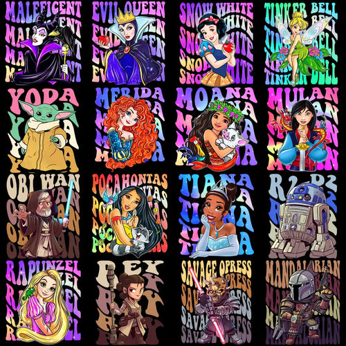 Disney and Star Wars character designs for DTF/DTG, embroidery, and tumbler wraps, print-ready PNG, SVG, PES
