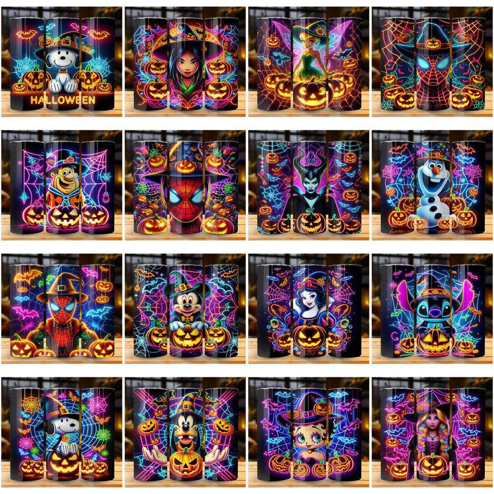 Neon Halloween tumbler wraps with Disney, Spider-Man, Snoopy & more. Print-ready SVG/PNG designs.