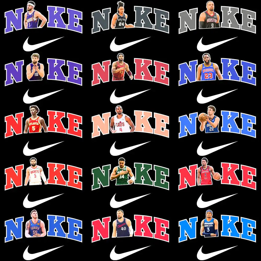 Basketball player designs with Nike logo, colorful team jerseys, and print-ready graphics for DTG/DTF.