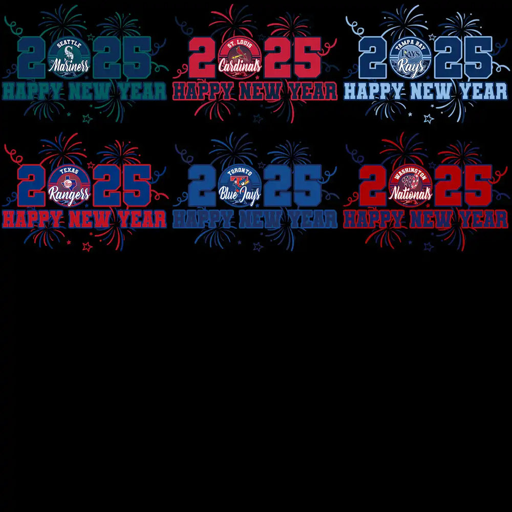 2025 Happy New Year designs with MLB team logos and fireworks for DTF/DTG printing
