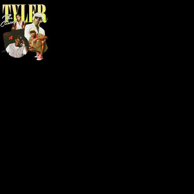Tyler The Creator collage art with bold yellow text and stylish poses for print-ready designs