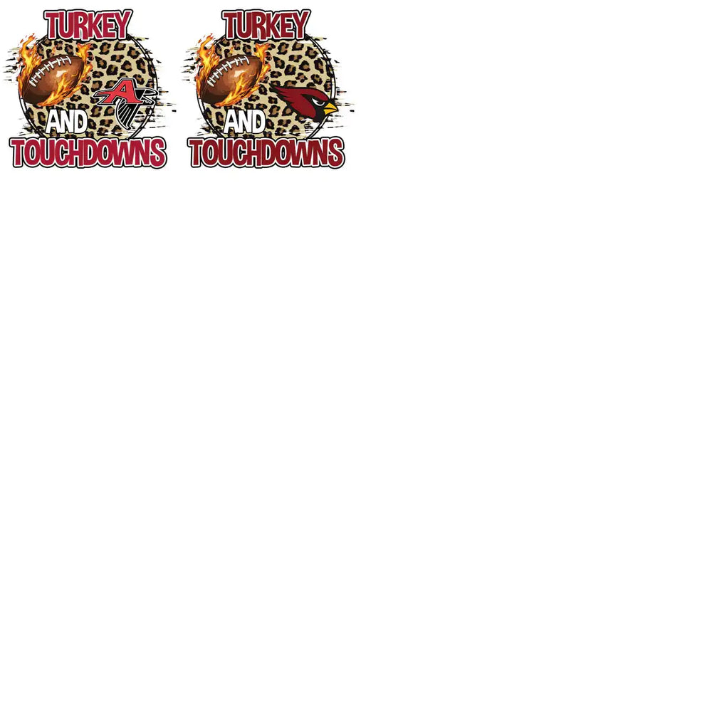 Turkey and Touchdowns football design with flaming ball and team logos on leopard print