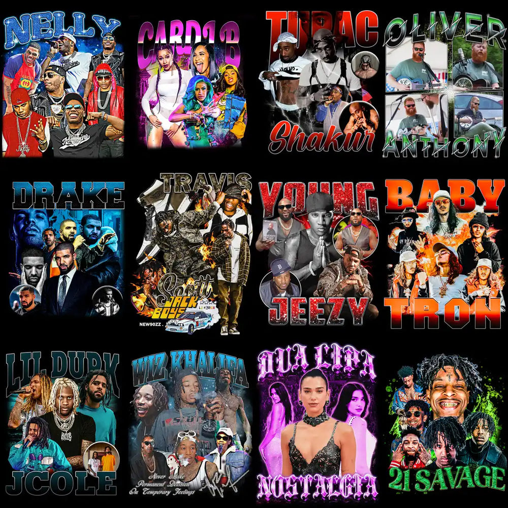 Print-ready artist collage designs for DTF/DTG, embroidery, and tumbler wraps featuring popular musicians.